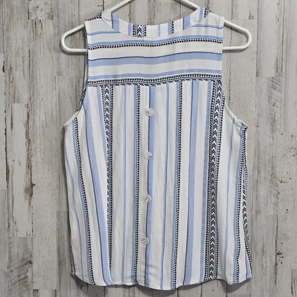 MINE Anthro Blue White Black Striped Sleeveless V Neck Button Back Shirt Small